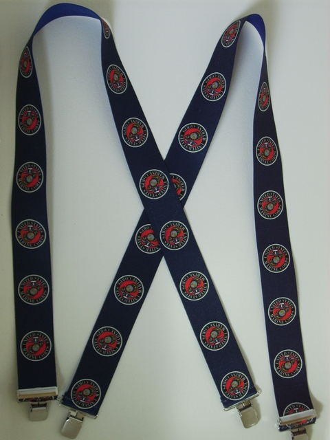 2" wide. "X" Style. Choose from Assorted SIZES from 5' 1" to 7' 4" Height. (42" to 60" long Straps) Suspenders with 4 Strong Stainless Steel 1"x 1" Grips and 2 Stainless Steel Length Adjusters in the front. Entirely Stretchable Cotton/Polyester hand washable, hang to dry suspenders. MARINES Multi color on Navy Blue X-UA220N-MANA